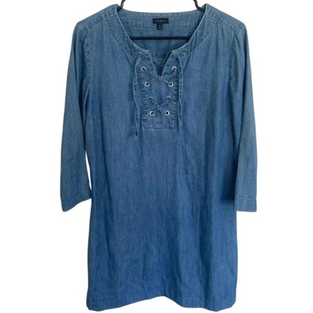 Talbots Denim Dress Blue Lace Up‎ Eyelet 3/4 Sleeve Casual Sz 8